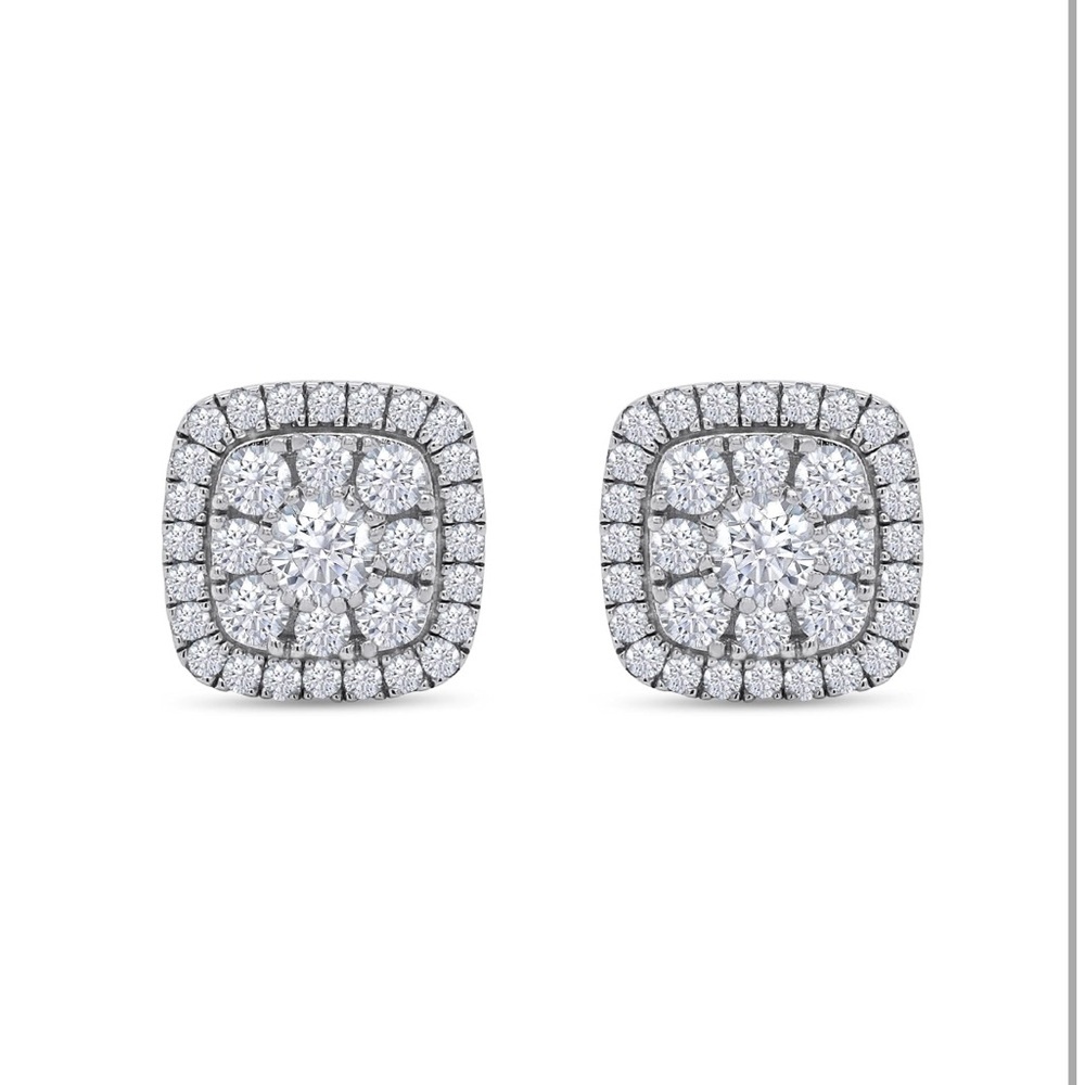 1 1/4 Carat Round Cut Diamond Cushion Frame Halo Cluster Stud Earrings